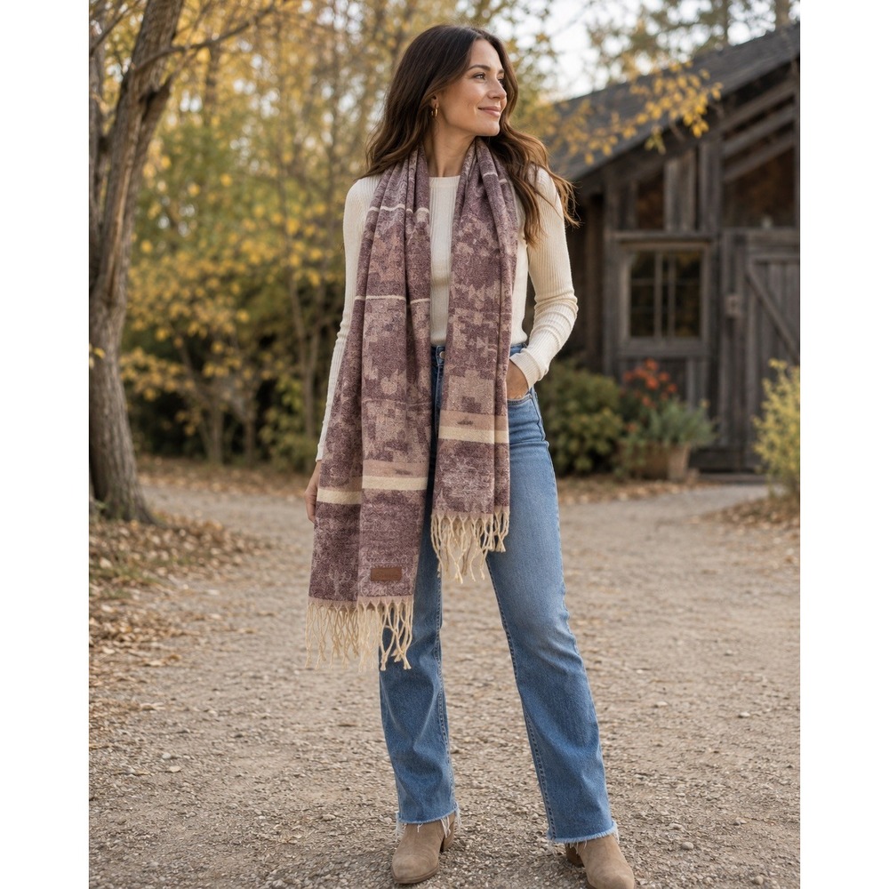 Baby Alpaca Cashmere Striped Woven Fringe Rectangle Scarf Berg/Ivory/Beige 72x30